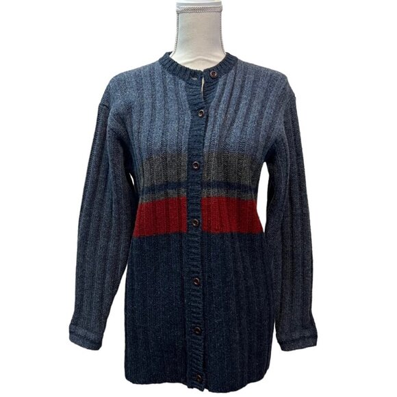 Mac & Jac Gray & Blue Striped Rib Knit Wool Cardigan Sweater Coat Size Small - Picture 3 of 10